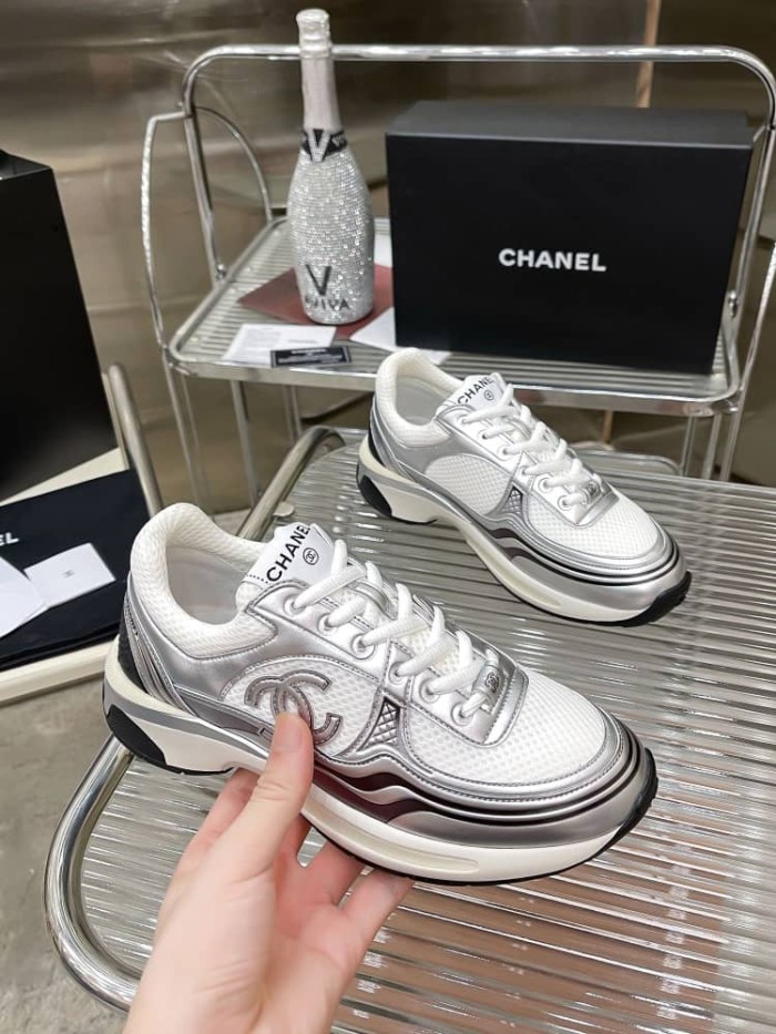 CHANEL CC Logo Sneakers White Silver Women's