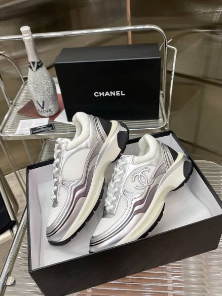 CHANEL CC Logo Sneakers White Silver Women's