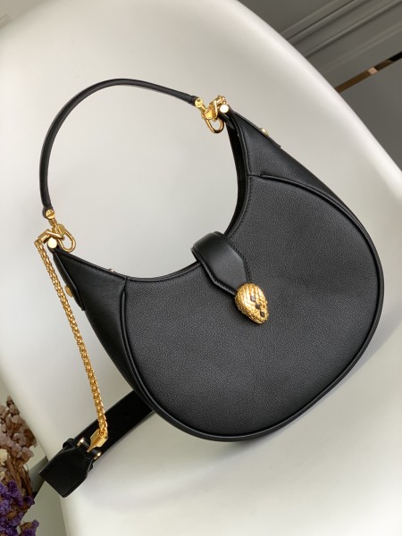 BVLGARI Serpenti Ellipse Cow Leather Shoulder Bag, Portable Crossbody Bag Women's Black 291636 size size 25.5*5.5*25cm