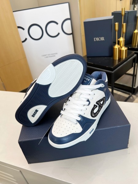 dior B57 MID-TOP SNEAKER Navy Blue and White Smooth Calfskin with Beige and Black Dior Oblique Jacquard