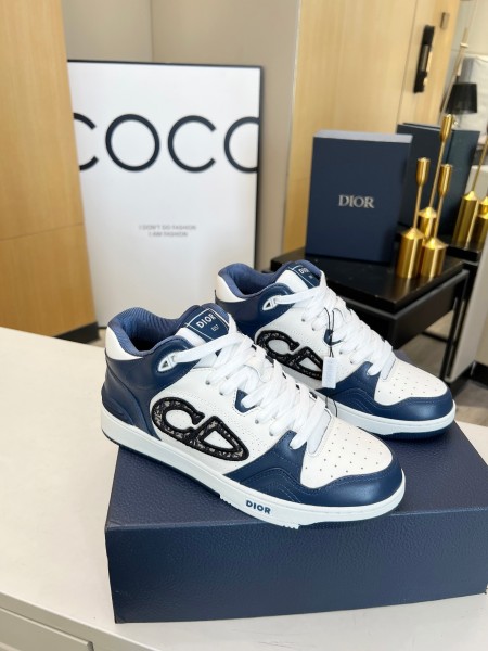 dior B57 MID-TOP SNEAKER Navy Blue and White Smooth Calfskin with Beige and Black Dior Oblique Jacquard