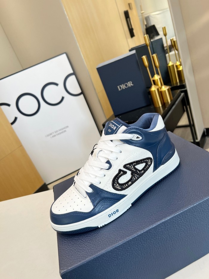 dior B57 MID-TOP SNEAKER Navy Blue and White Smooth Calfskin with Beige and Black Dior Oblique Jacquard