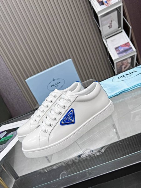 Prada Brushed Sneakers Leather White White Cobalt Blue