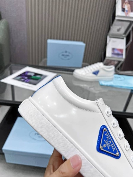 Prada Brushed Sneakers Leather White White Cobalt Blue