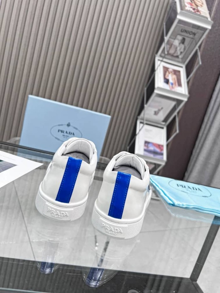 Prada Brushed Sneakers Leather White White Cobalt Blue