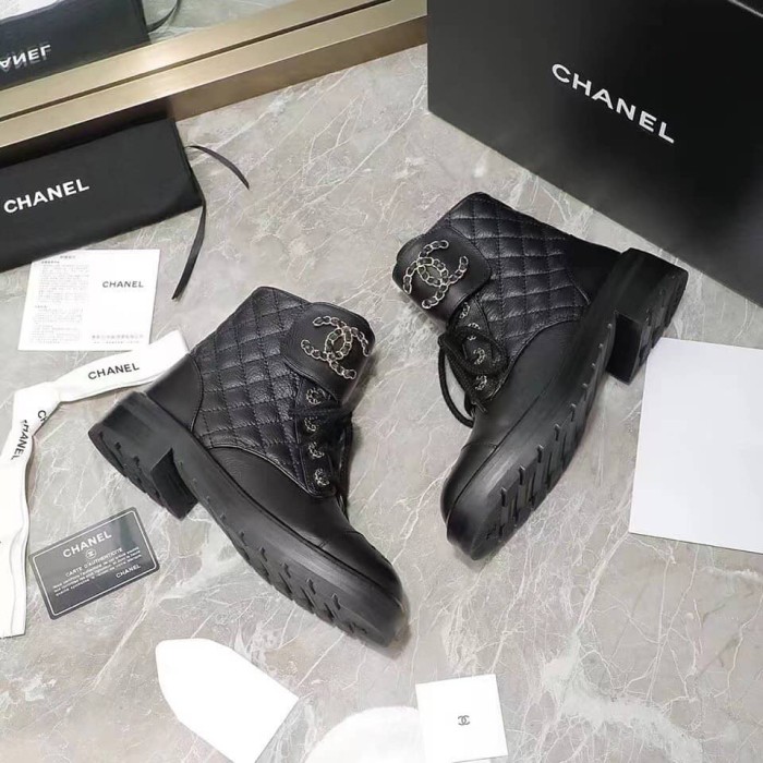 Chanel Quilted Combat Boot Black Leather