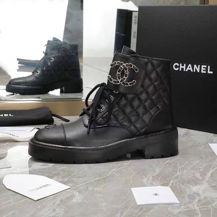 Chanel Quilted Combat Boot Black Leather
