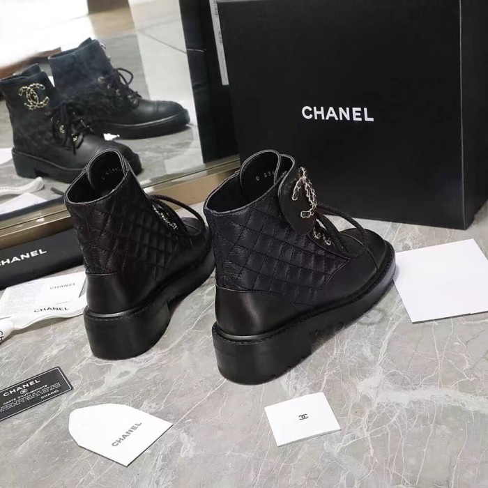 Chanel Quilted Combat Boot Black Leather