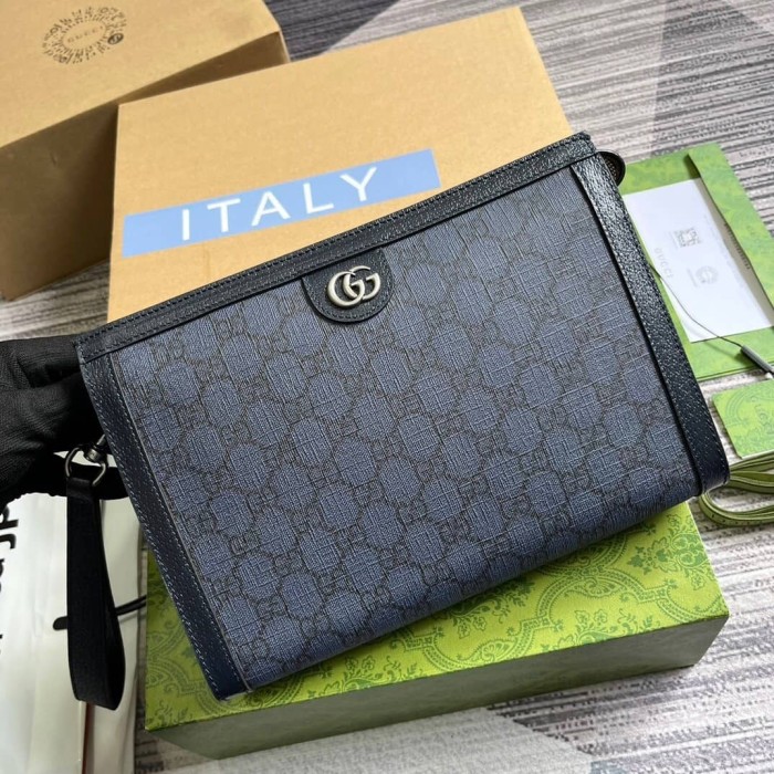 GUCCI Ophidia Canvas With Leather Canvas Bag Clutches Regular Men's Blue/Dark Blue 760243-UULBN-4055 size 26*6*18cm