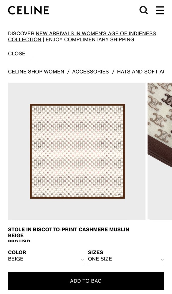 Streetwear Scarf CELINE 328774 SIZE:100x100cm