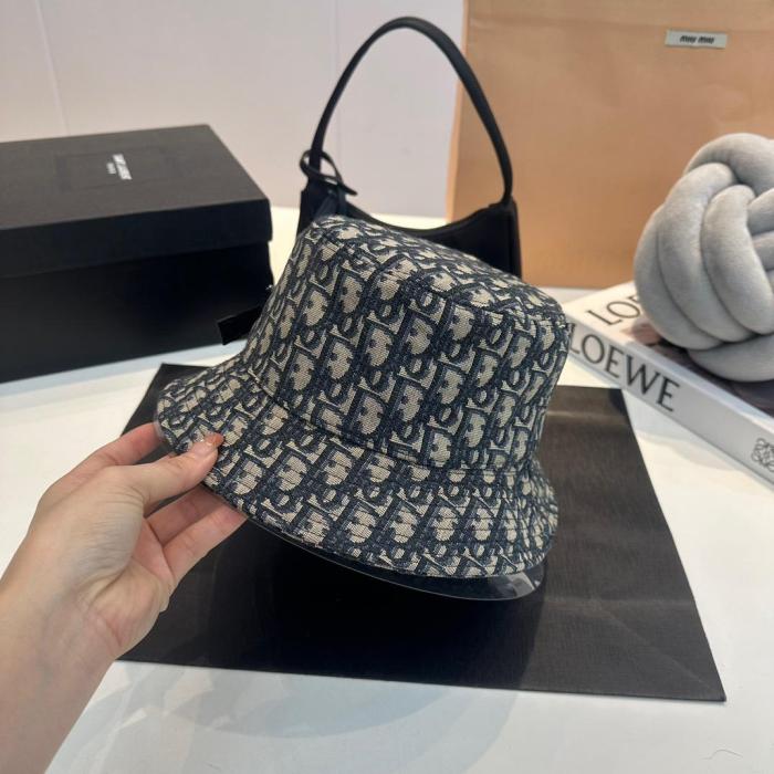 Dior Oblique Bucket Hat  Navy Blue and Beige Blended Cotton Jacquard