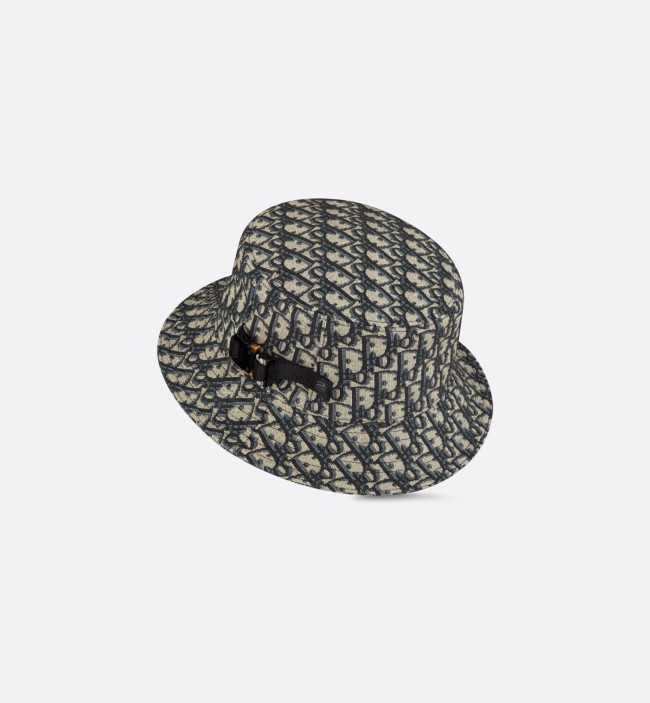 Dior Oblique Bucket Hat  Navy Blue and Beige Blended Cotton Jacquard