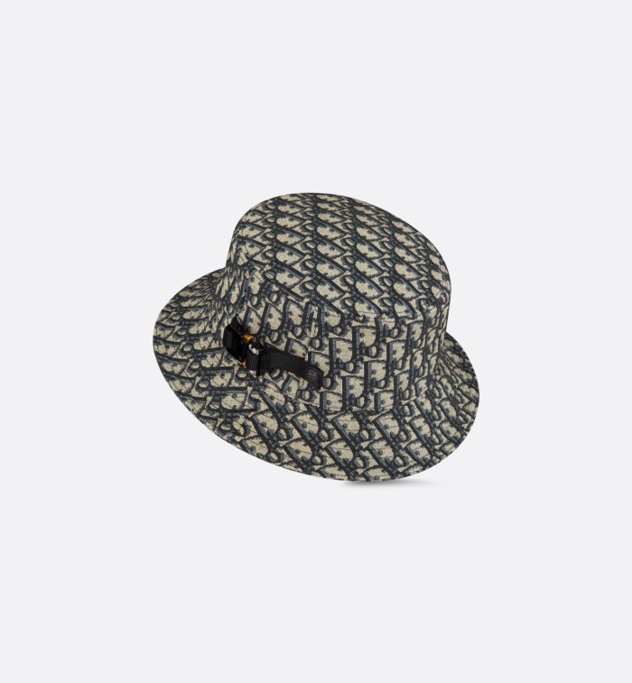 Dior Oblique Bucket Hat  Navy Blue and Beige Blended Cotton Jacquard