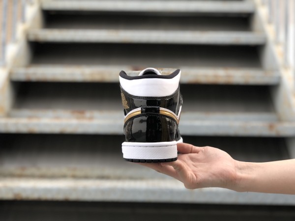 Jordan 1 Mid Patent Black White Gold