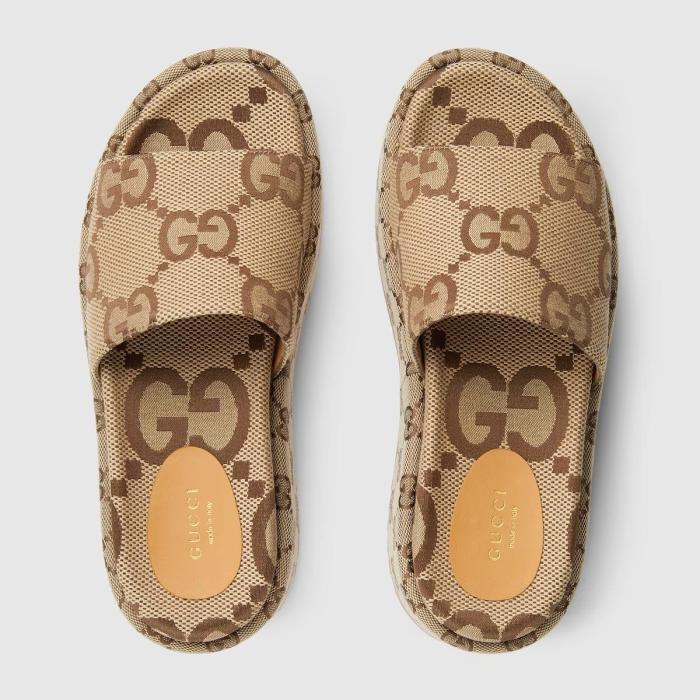 Gucci Platform Slide Sandal Maxi GG Camel Ebony GG Trim Canvas 623212 UKO00 2580