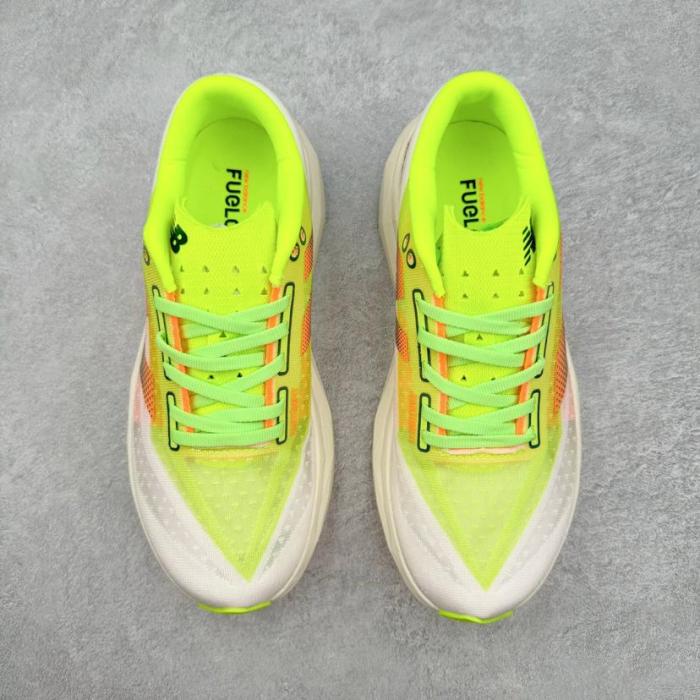 New Balance FuelCell Rebel v4 White with bleached lime glo and hot mango WFCXLA4