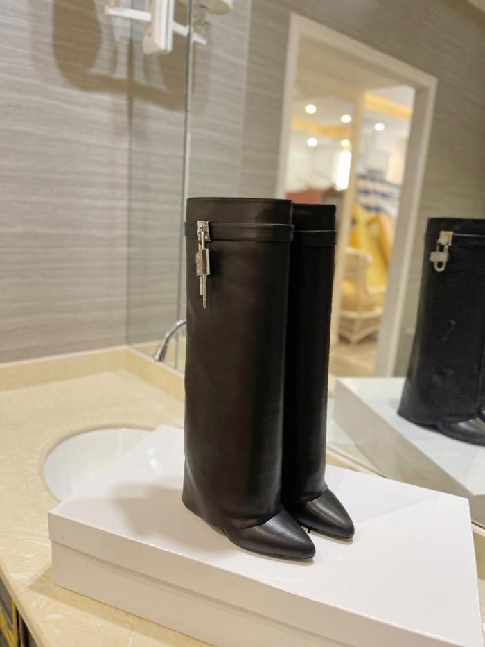 Givenchy Shark Lock Cow Leather Foldover Boots Knee high Boots 9cm Women's Black