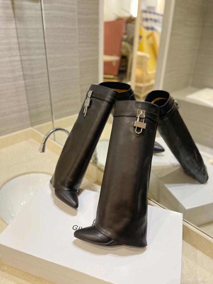 Givenchy Shark Lock Cow Leather Foldover Boots Knee high Boots 9cm Women's Black