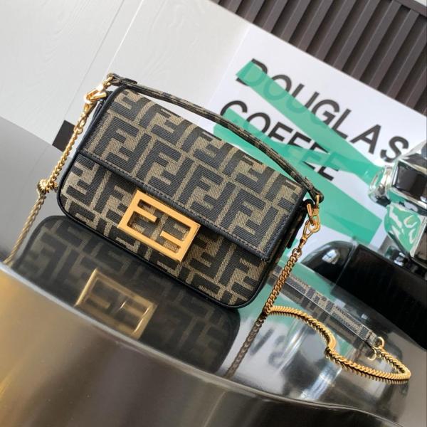 FENDI Baguette Mini Jacquard Ff Fabric Bag Brown 8BS017A6V5F17U4 size 20*5*13cm