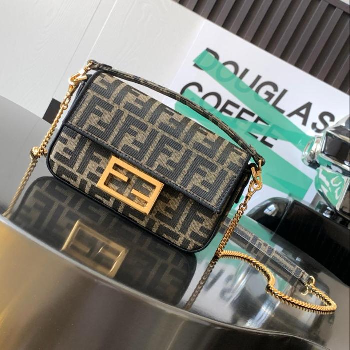 FENDI Baguette Mini Jacquard Ff Fabric Bag Brown 8BS017A6V5F17U4 size 20*5*13cm