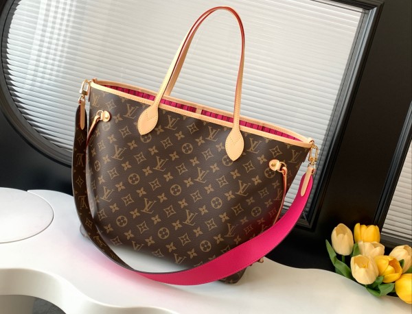 Louis Vuitton Neverfull Bandouliere MM Inside Out Monogram/Rose Pondichery M12257 size 30.99*13.97*27.94 cm