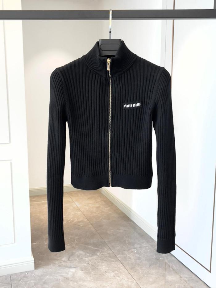MIU MIU Logo Detailed Zip-Up Knitted Cardigan Black