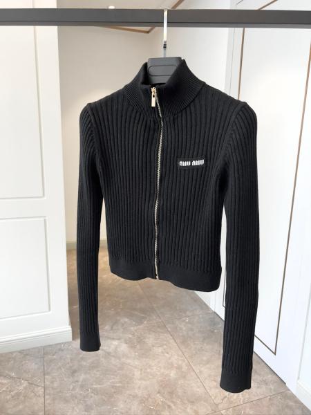 MIU MIU Logo Detailed Zip-Up Knitted Cardigan Black