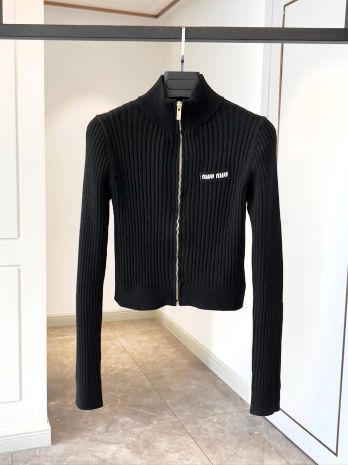 MIU MIU Logo Detailed Zip-Up Knitted Cardigan Black