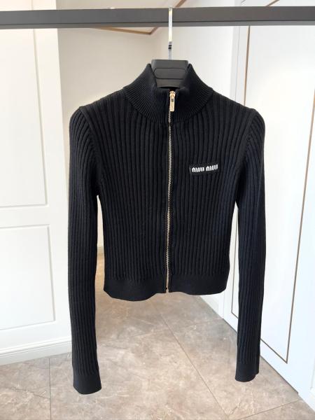 MIU MIU Logo Detailed Zip-Up Knitted Cardigan Black