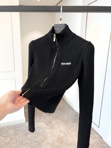 MIU MIU Logo Detailed Zip-Up Knitted Cardigan Black