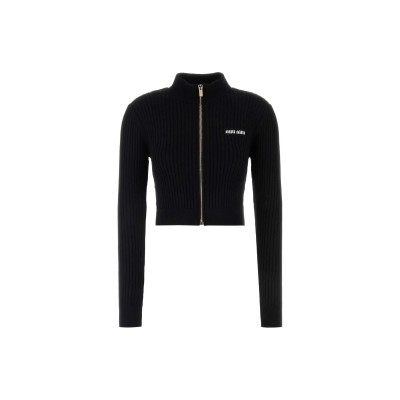 MIU MIU Logo Detailed Zip-Up Knitted Cardigan Black