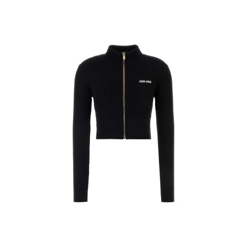 MIU MIU Logo Detailed Zip-Up Knitted Cardigan Black