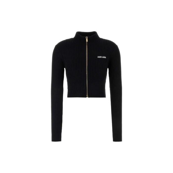 MIU MIU Logo Detailed Zip-Up Knitted Cardigan Black