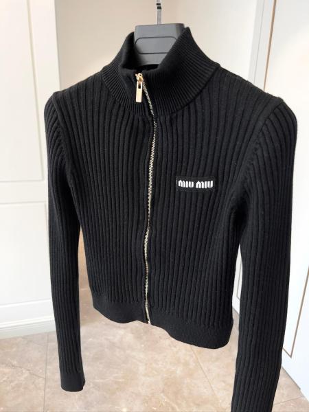 MIU MIU Logo Detailed Zip-Up Knitted Cardigan Black