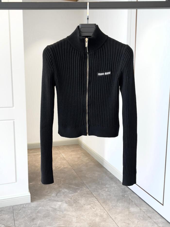 MIU MIU Logo Detailed Zip-Up Knitted Cardigan Black