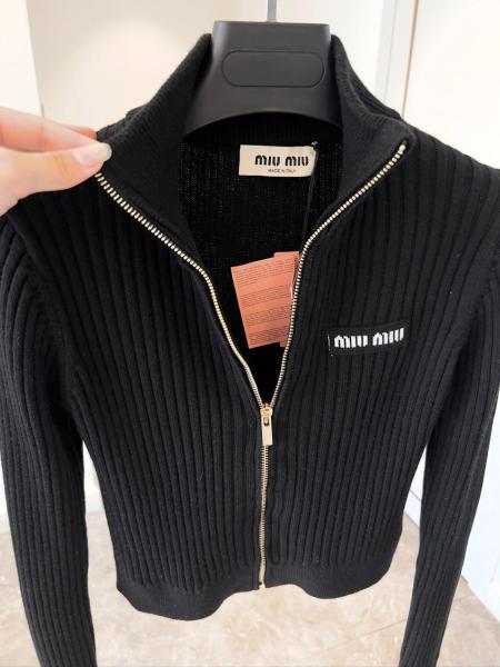MIU MIU Logo Detailed Zip-Up Knitted Cardigan Black