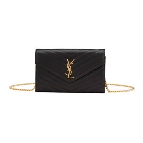 SAINT LAURENT Monogram Chain Wallet Matelasse Grain De Poudre Gold-tone Black 377828BOW011000 size L22.5*W4*H14cm