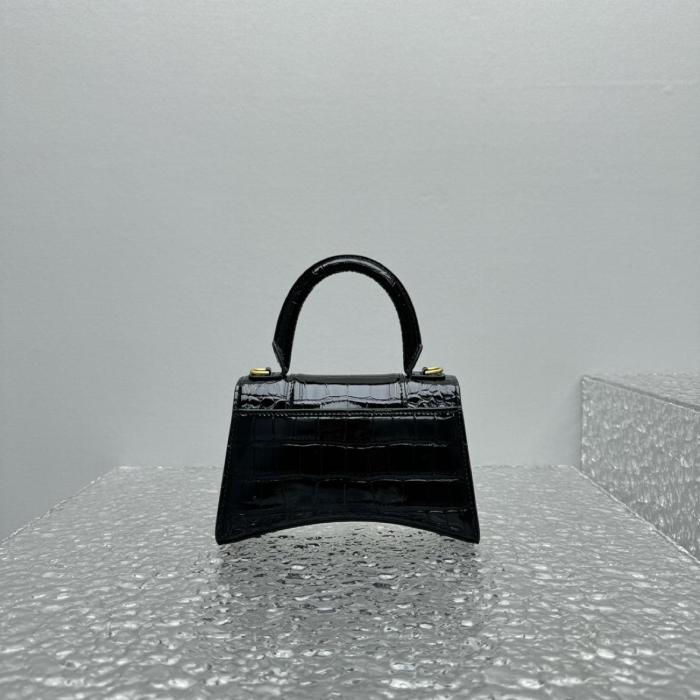 Balenciaga Crocodile Embossed Hourglass Top Handle Xs Black 5928331LRGM1000 size 18.8*7.9*13 cm