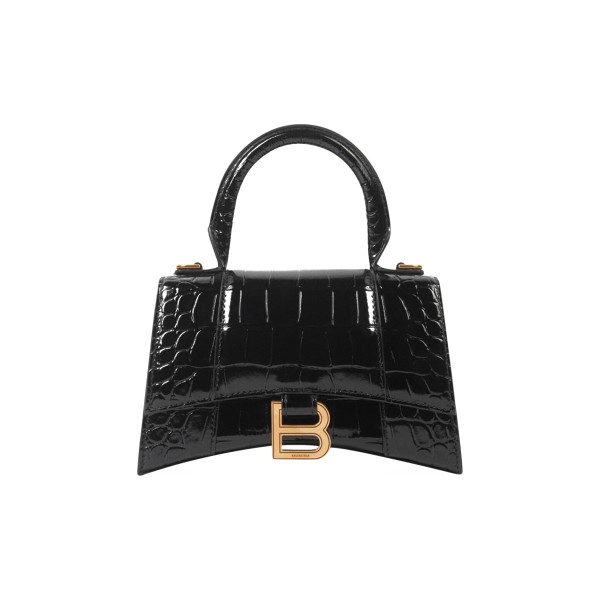 Balenciaga Crocodile Embossed Hourglass Top Handle Xs Black 5928331LRGM1000 size 18.8*7.9*13 cm