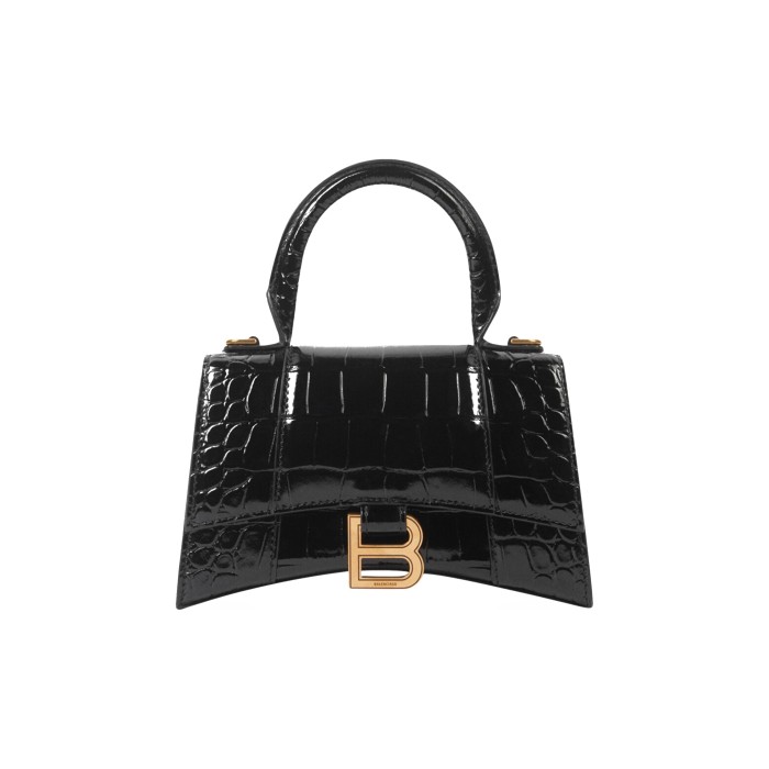 Balenciaga Crocodile Embossed Hourglass Top Handle Xs Black 5928331LRGM1000 size 18.8*7.9*13 cm