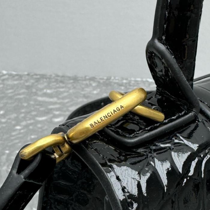 Balenciaga Crocodile Embossed Hourglass Top Handle Xs Black 5928331LRGM1000 size 18.8*7.9*13 cm