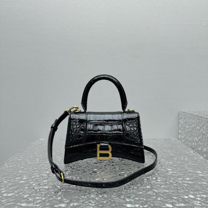 Balenciaga Crocodile Embossed Hourglass Top Handle Xs Black 5928331LRGM1000 size 18.8*7.9*13 cm