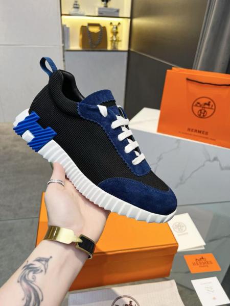 HERMES Bouncing Lace-Up Round Toe Low-Top Lifestyle Shoes Navy Blue