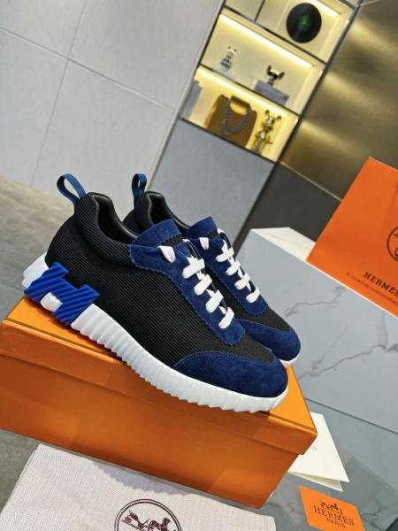 HERMES Bouncing Lace-Up Round Toe Low-Top Lifestyle Shoes Navy Blue