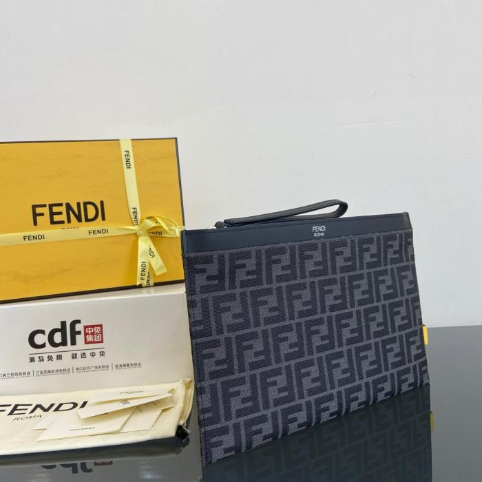 FENDI Cotton With Calfskin Clutch Medium Size Men's Black 7N0134-AFBV-F1IKJ size 30*1*20.5cm