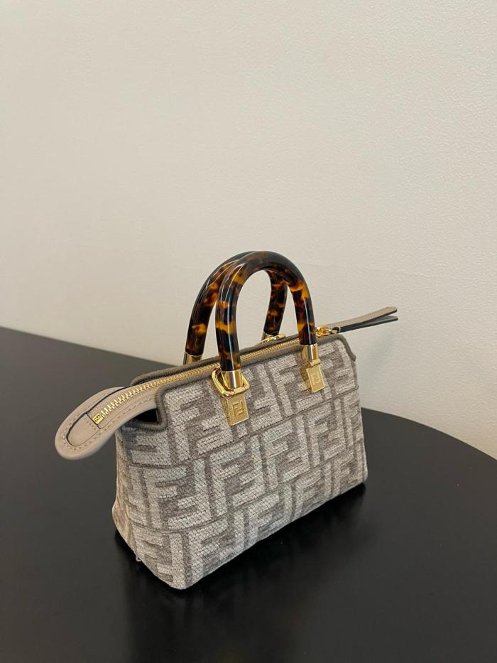 FENDI Fabric Cow Leather Patchwork Boston Bag Handbag Shoulder Bag Crossbody Bag Mini Women's Dark Gray 8BS067-AL9Q-F1IQR size 20.5*9*12 cm 