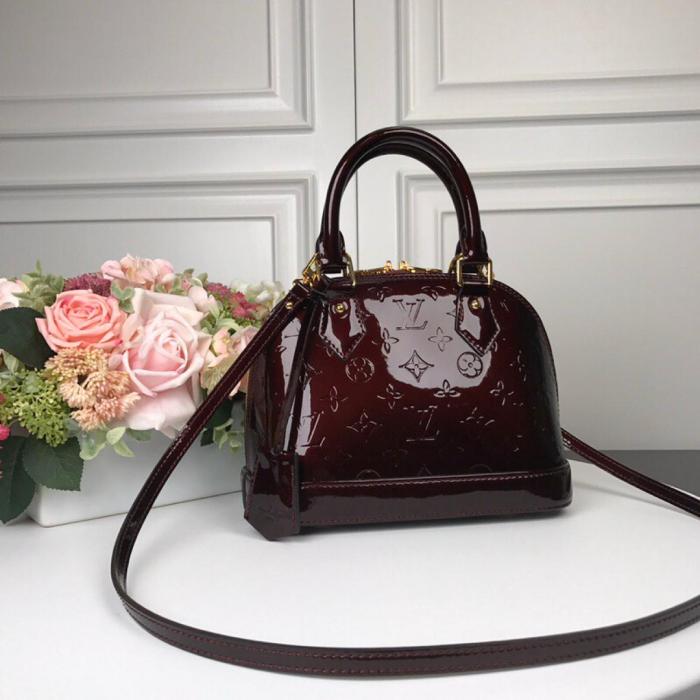LOUIS VUITTON Alma Monogram Logo Embossed Patent Leather Shell Shoulder Bag Medium Women's Cherry Color M90231 25*19*12cm