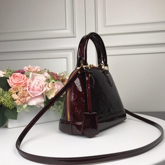 LOUIS VUITTON Alma Monogram Logo Embossed Patent Leather Shell Shoulder Bag Medium Women's Cherry Color M90231 25*19*12cm