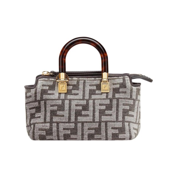 FENDI Fabric Cow Leather Patchwork Boston Bag Handbag Shoulder Bag Crossbody Bag Mini Women's Dark Gray 8BS067-AL9Q-F1IQR size 20.5*9*12 cm 