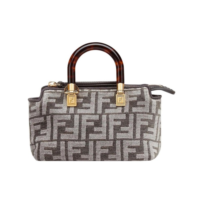 FENDI Fabric Cow Leather Patchwork Boston Bag Handbag Shoulder Bag Crossbody Bag Mini Women's Dark Gray 8BS067-AL9Q-F1IQR size 20.5*9*12 cm 